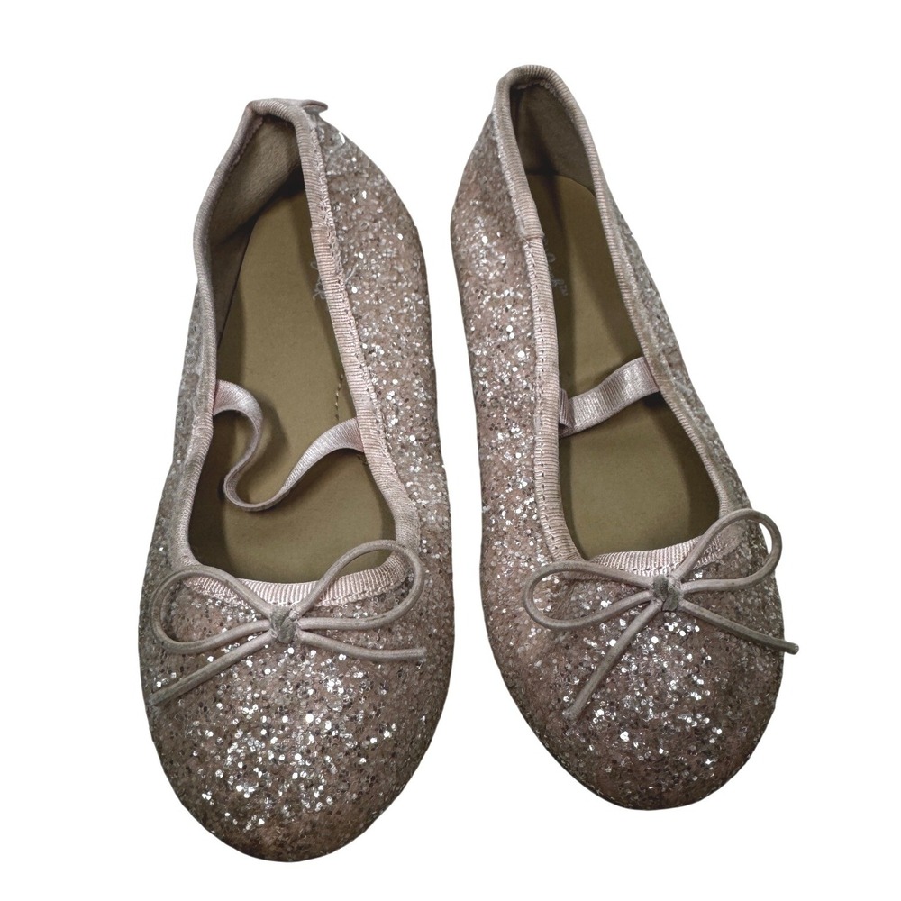 Cat & Jack Girls Pink Rose Gold Glitter Ballet Flats Bow Strap Shoes Size 10